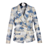 Silver and Blue Checkered Double Breasted Elegant Women Blazer - FashionByTeresa